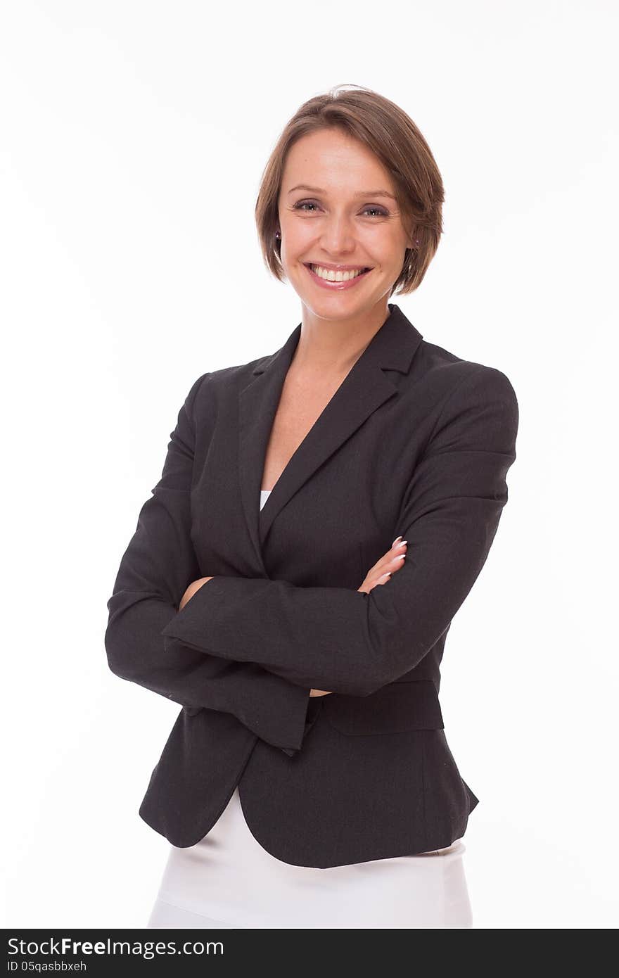 Positive businesswoman posing for camera isolated on white. Positive businesswoman posing for camera isolated on white