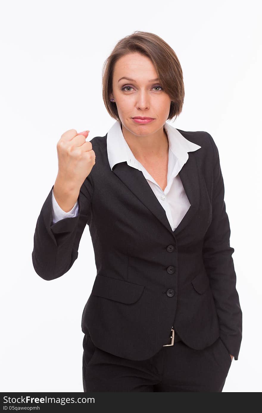 Business woman ready for competition and fight isolated on white