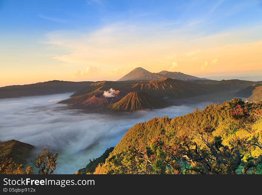 Bromo Mountain in Tengger Semeru National Park at sunrise, East Java, Indonesia