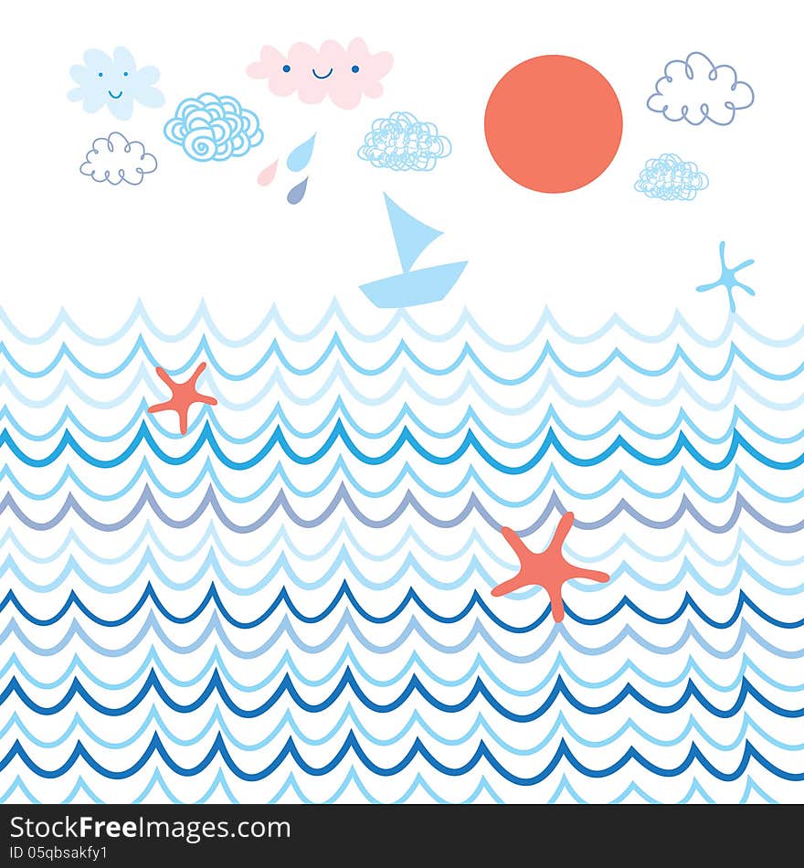 Graphic conditional sea landscape with sun and clouds. Graphic conditional sea landscape with sun and clouds