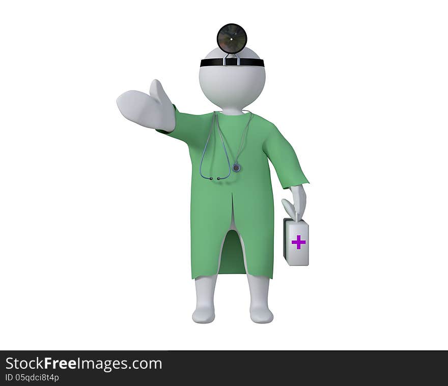 3D men in green overall, with stethoscope.