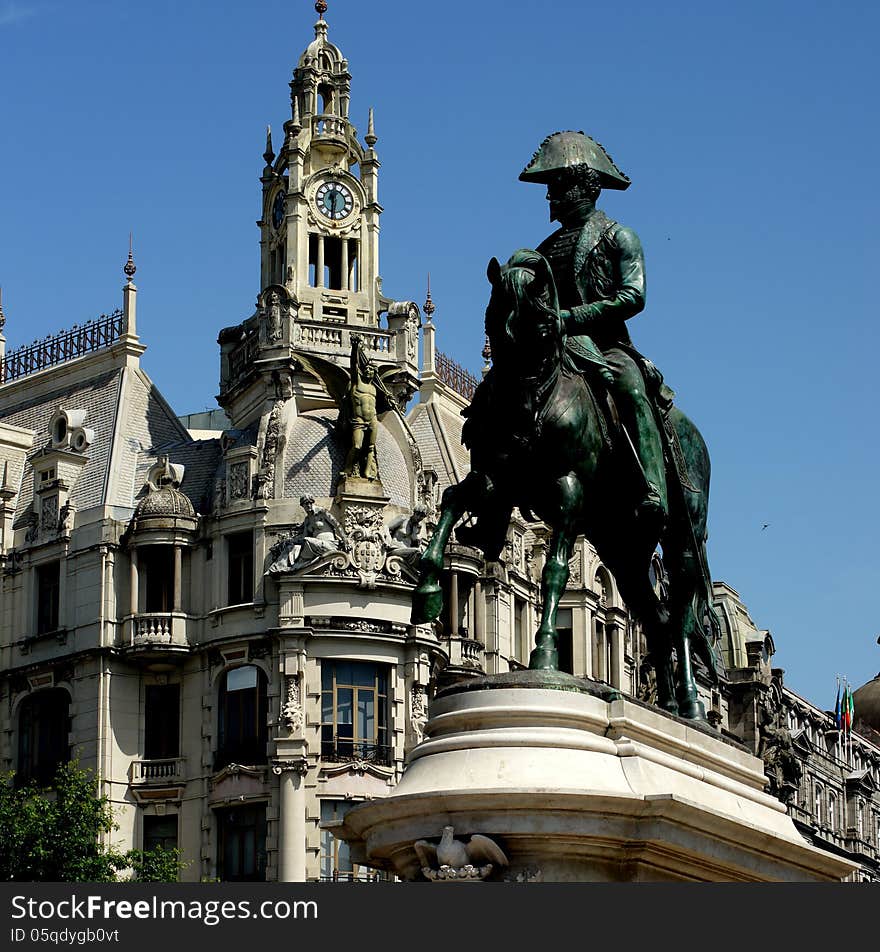 A statue of Portuguese King Dom Pedro VI. on the Avenida dos Aliados in downtown Porto. A statue of Portuguese King Dom Pedro VI. on the Avenida dos Aliados in downtown Porto.