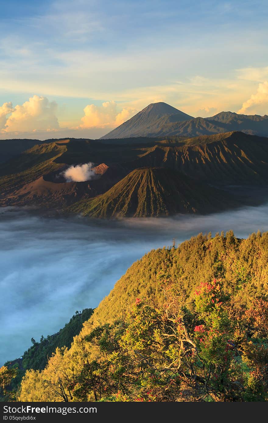 Bromo Mountain in Tengger Semeru National Park at sunrise