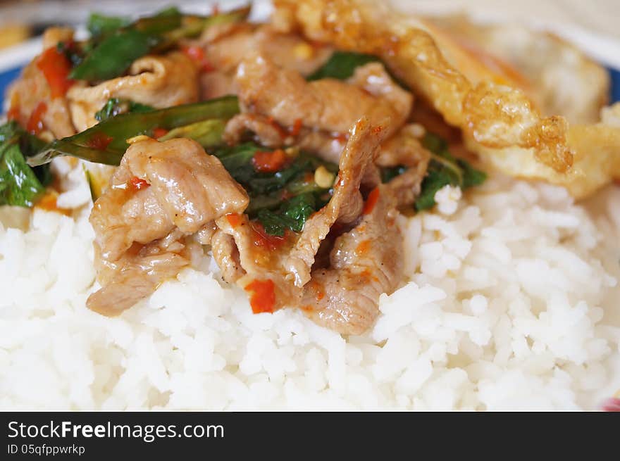 Rice topped with stir-fried pork and fried egg of hot Thai food