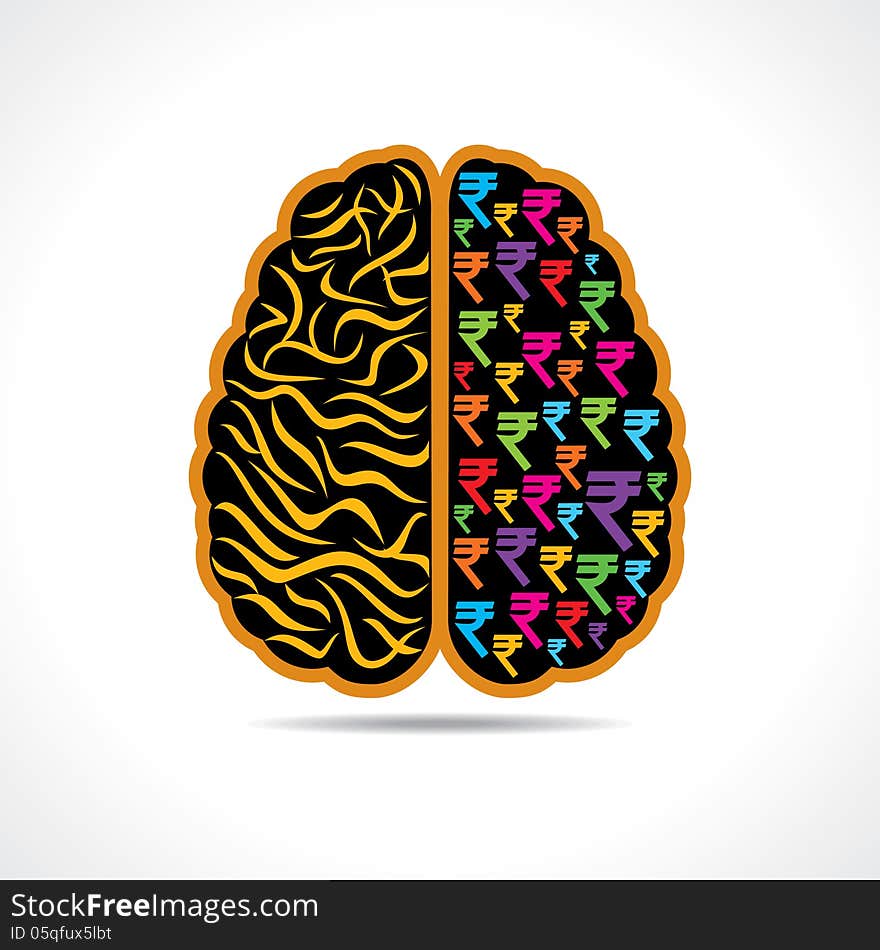 Illustration of brain with rupee symbol. Illustration of brain with rupee symbol