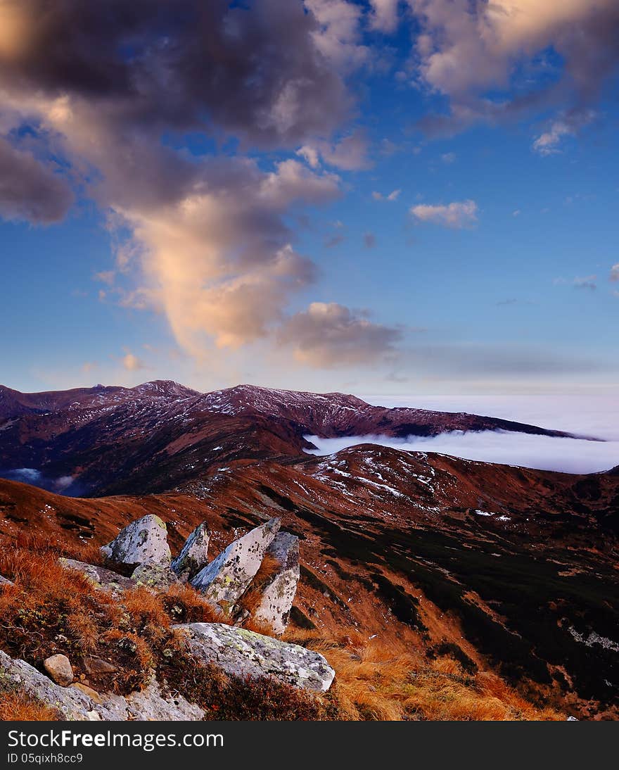 Morning landscape in the mountains with stones. Morning landscape in the mountains with stones