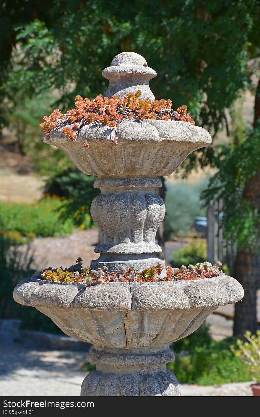 Stone water fountain with plants in on sunny day in garden