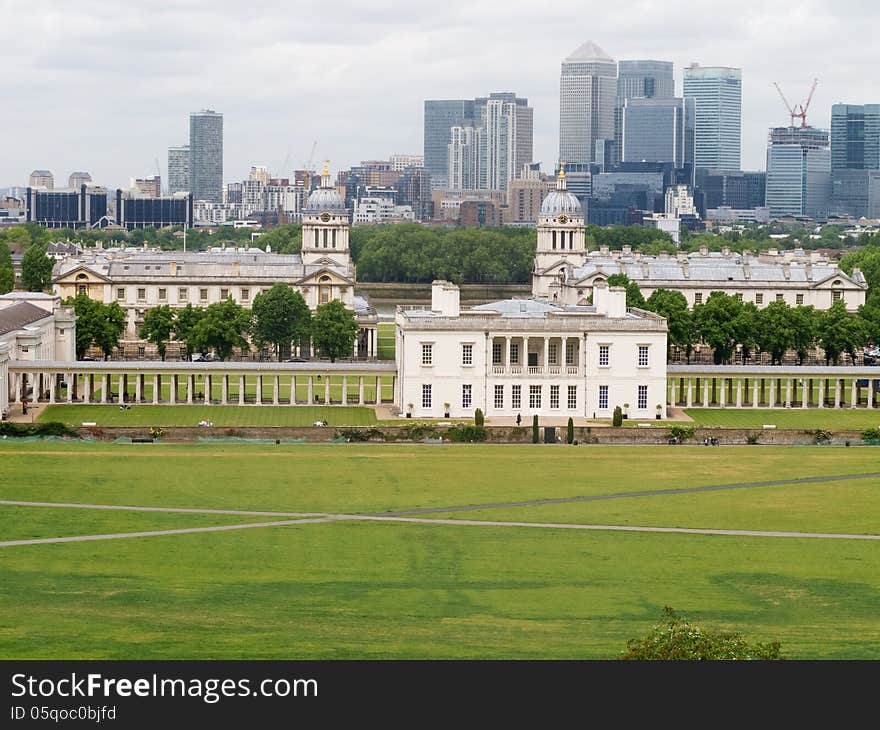 National Maritime Museum, with Canary Wharf in background. National Maritime Museum, with Canary Wharf in background