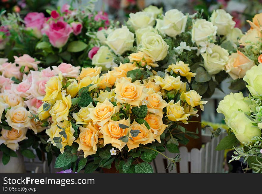 Bouquet of fabric roses in flower shop