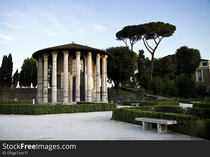 View of the Temple of Ercole in front of the Bocca della Verità in Rome, Italy. View of the Temple of Ercole in front of the Bocca della Verità in Rome, Italy.