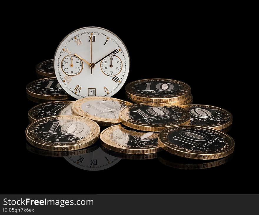 Clockwork and the Russian currency on a black background. Clockwork and the Russian currency on a black background