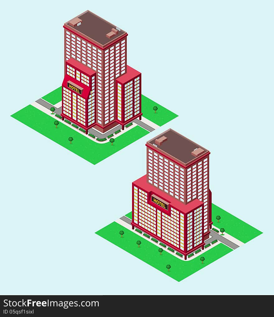 Isometric hotel with garden, available in 2 view