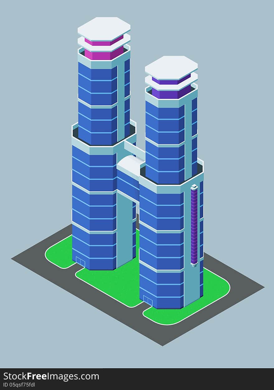 Isometric modern building with two towers. Isometric modern building with two towers