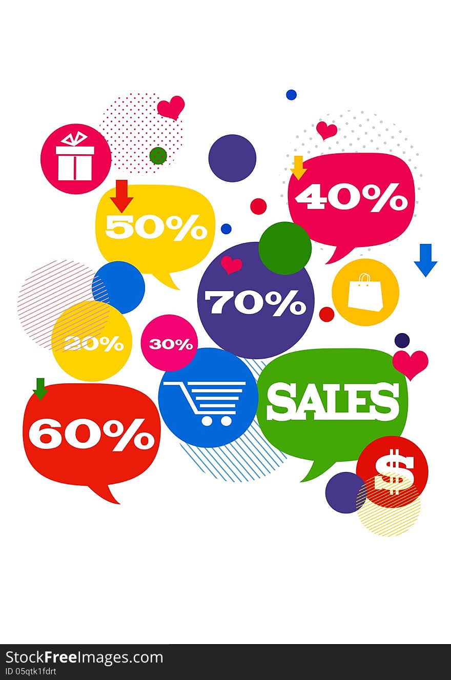 Sales shopping icons./ Colorful bubbles/buttons floating with shopping icons and sales percents.