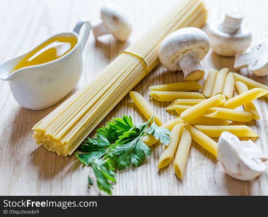 Spaghetti and penne with pasta ingredients