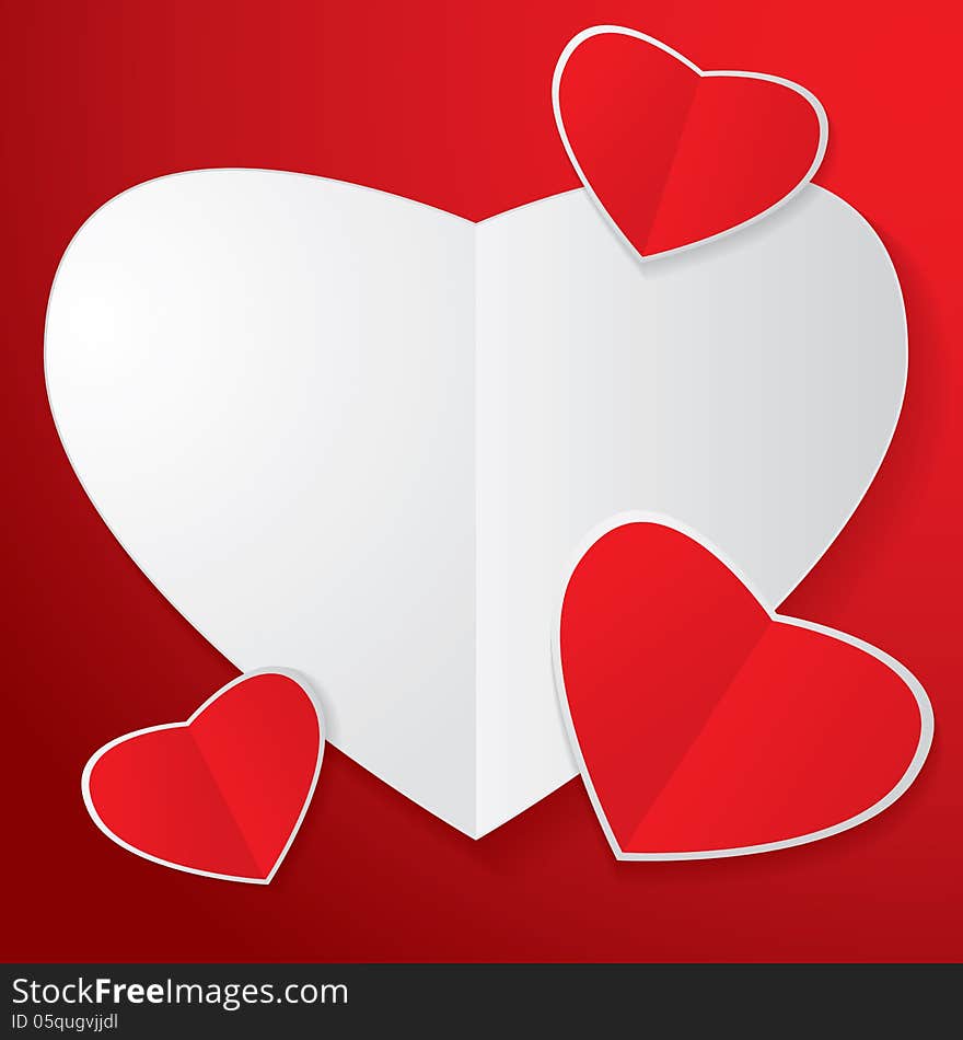 Four heart paper on red background