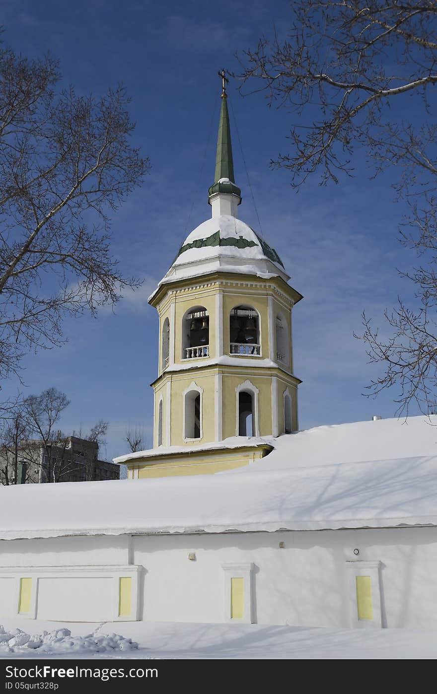 Transfiguration Church in winter in the city of Irkutsk. Transfiguration Church in winter in the city of Irkutsk