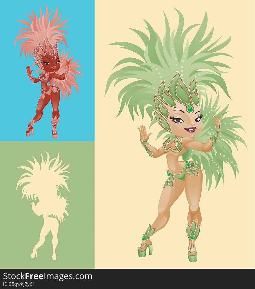 Bright laughing cute cartoon pin-up samba dancers in feather costumes. Bright laughing cute cartoon pin-up samba dancers in feather costumes