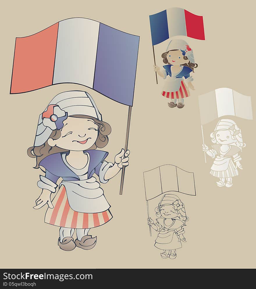 Cute smiling cartoon girl in sans culottes costume for Bastille Day with of flag of French Republic