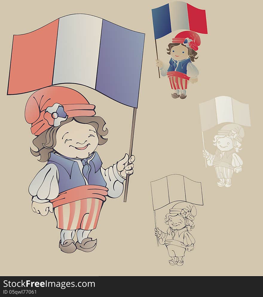 Cute smiling cartoon boy in sans culottes costume for Bastille Day with of flag of French Republic