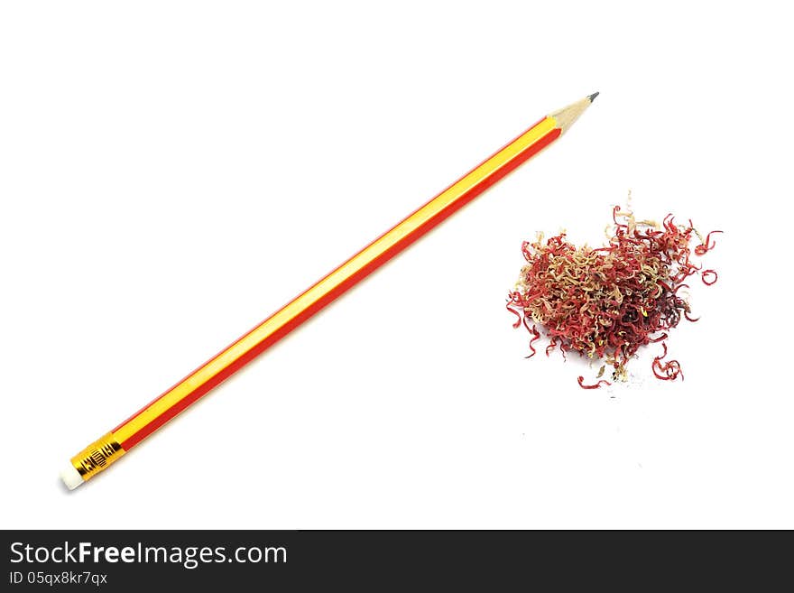 Pencil and crayon shavings isolated on white background