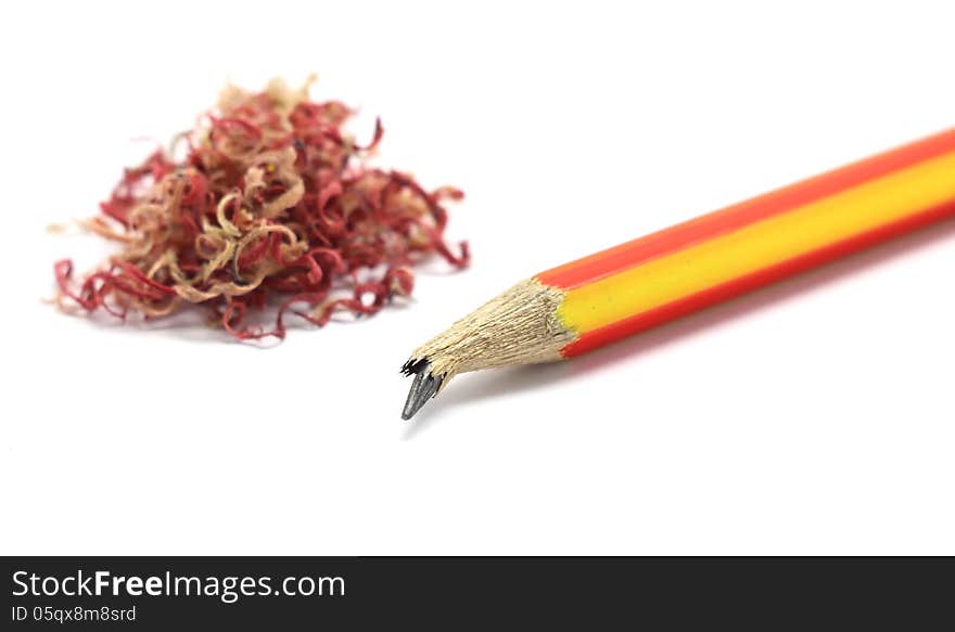 Pencil and crayon shavings isolated on white background