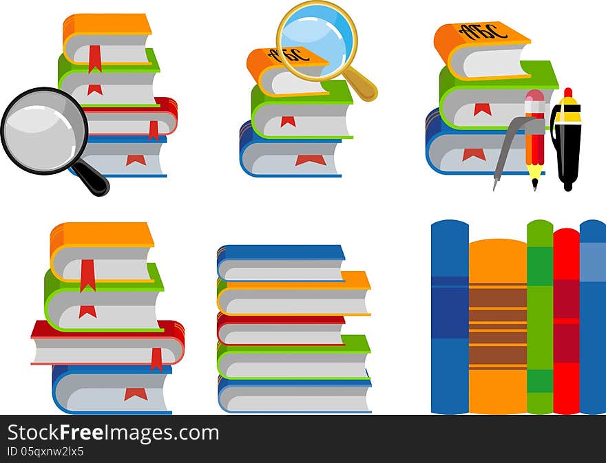 A set of books on a white background with elements of education