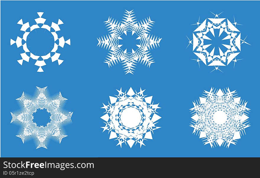 Six original snow flakes on blue background