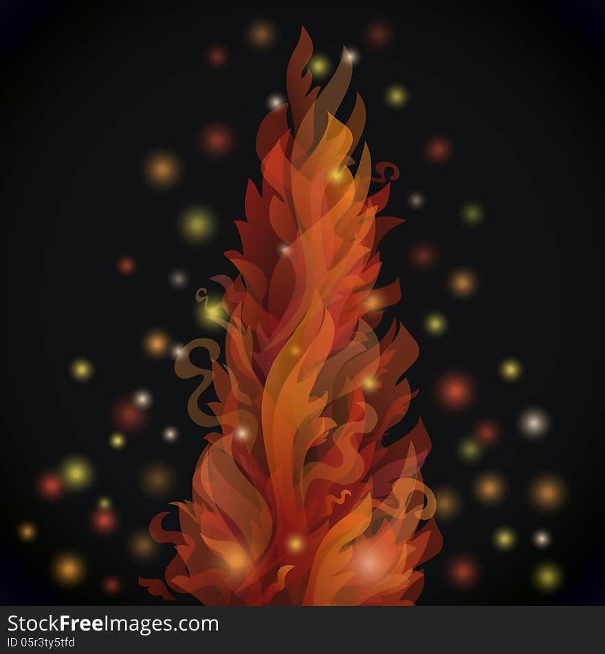 Different fire flames on a black background with lights and sparkles. Vector illustration for your ardent design. Fiery picture of orange waves and curves.