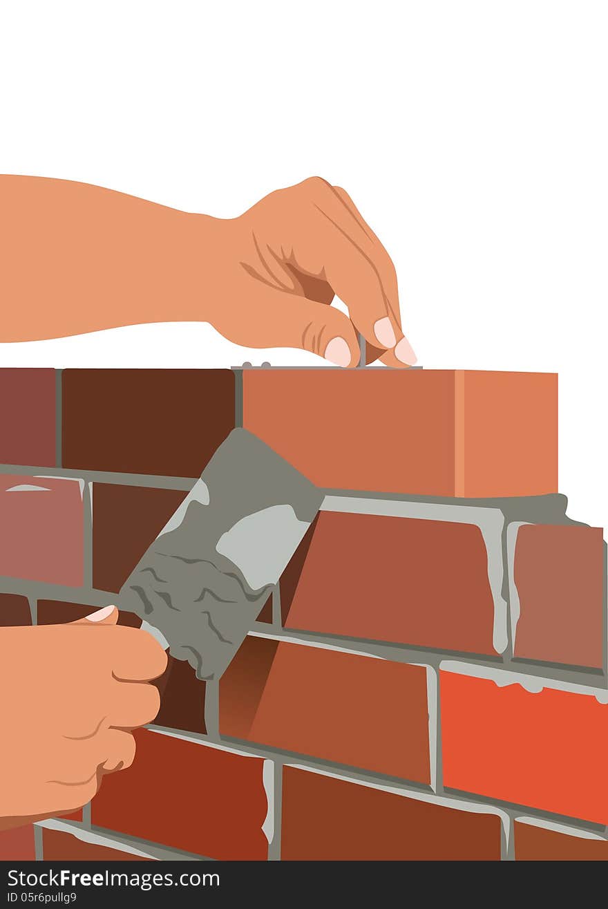 A vector image of a mason / bricklayer who makes the masonry brick.