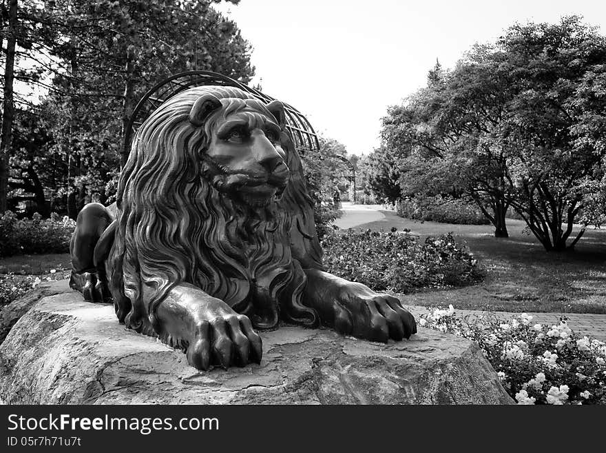 Lion statue guarding the entrance of the rose garden at the Montreal botanical garden in black and white