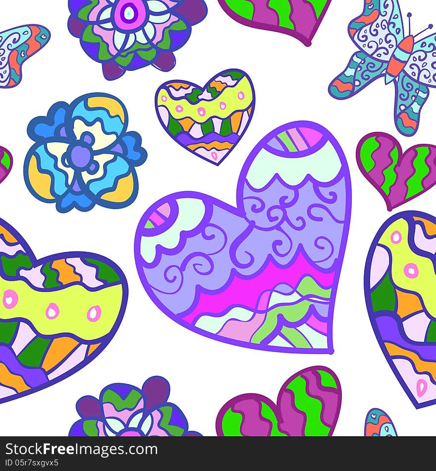 Funny seamless background with heart, butterfly and flower. Vector illustration for your spring design. Wallpaper for valentines day.