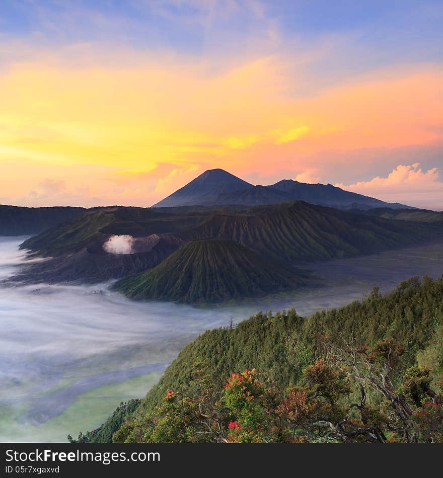 Bromo Mountain in Tengger Semeru National Park at sunrise, East Java, Indonesia