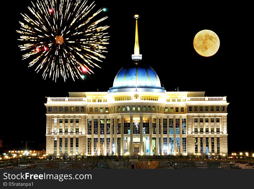 Celebration! Astana Landmark with full moon and fireworks