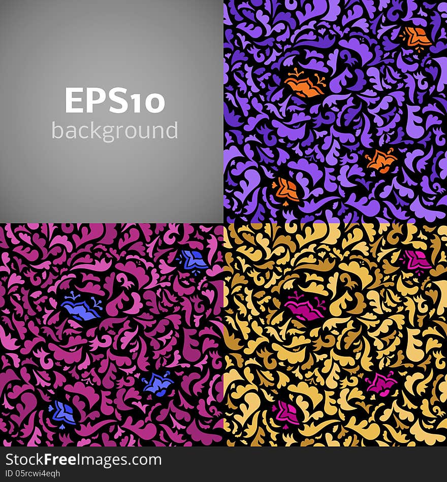 Set of flower ornamental pattern background. Vector illustrations for your fashion design. Easy to use. Artistic seamless endless pattern.