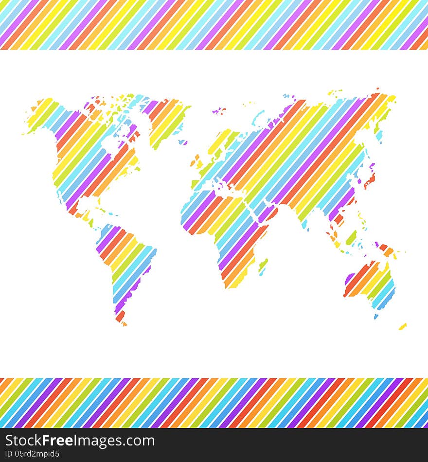 World map. Vector illustration for your bright design. Rainbow color. Striped pattern. Happiness and peace symbol.