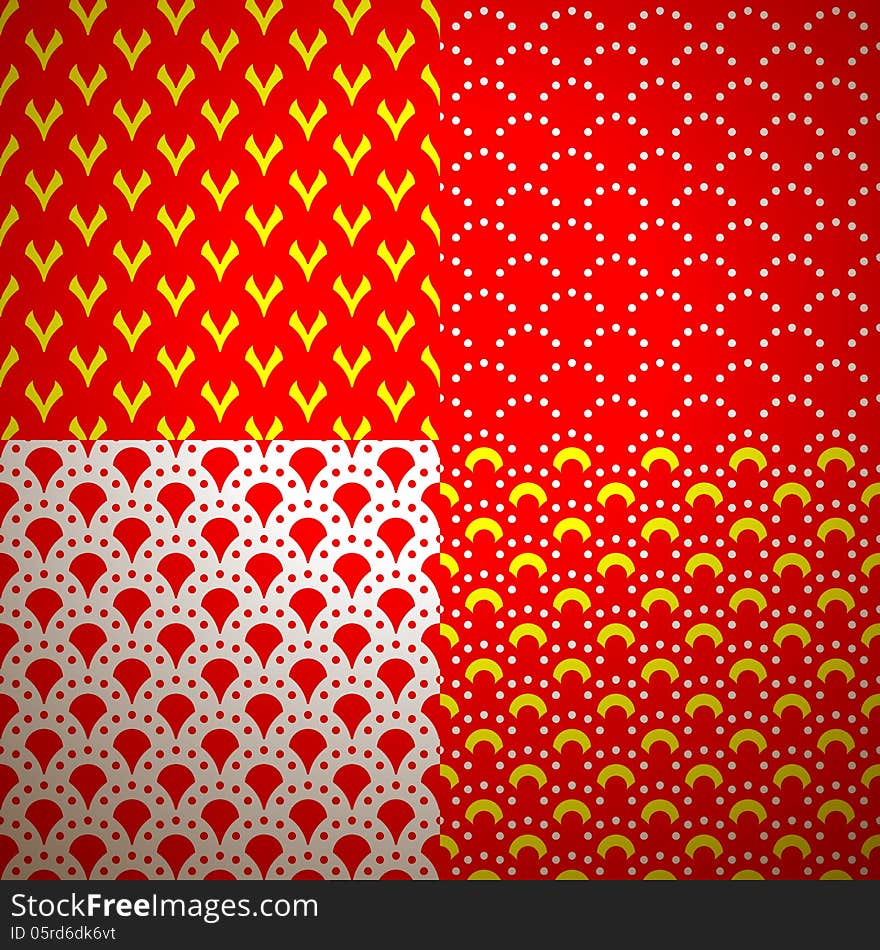 Set of four different geometrical patterns (seamlessly tiling). Vector illustration for your fashion design. Red, yellow and white color.