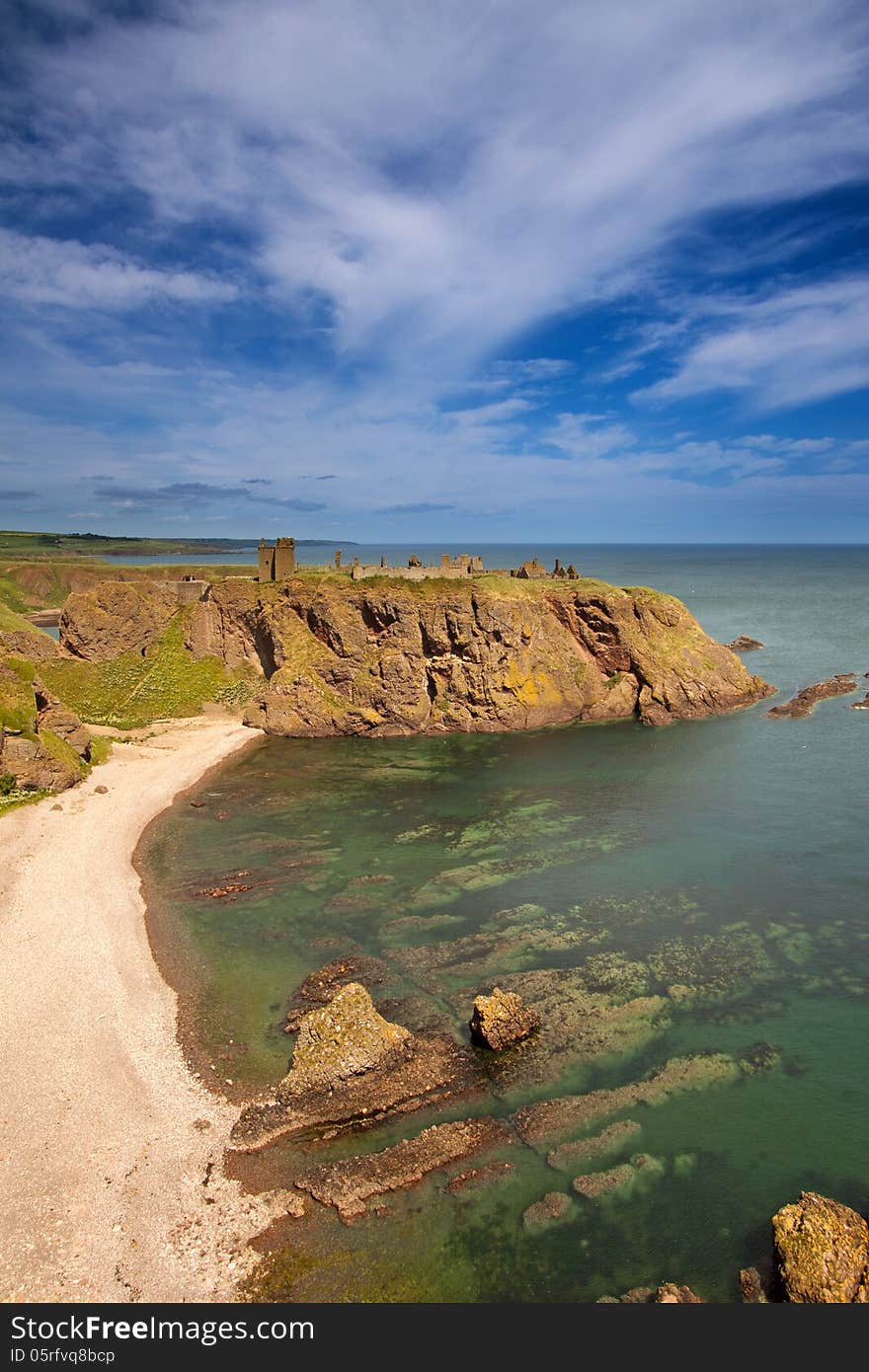 Dunnottar Castle, Aberdeenshire, Scotland is a spectacular ruined medieval cliff-top fortress dating to the fourteenth century and with historic connections to Mary Queen of Scots, James 6th and Oliver Cromwell.