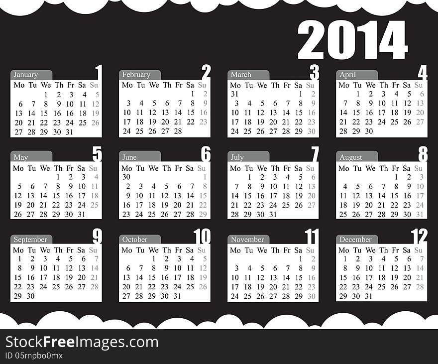 Calendar for the year of 2014 black & white. Calendar for the year of 2014 black & white