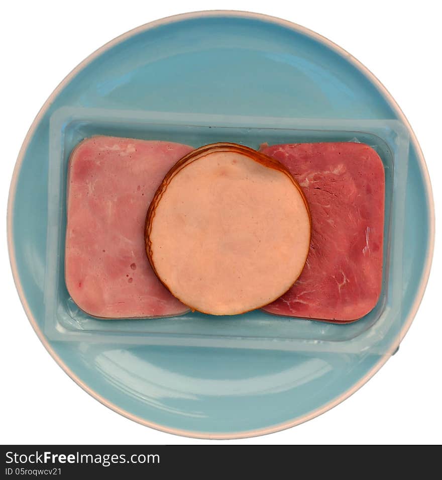 A packet of 3 different knids of cold meats on a plate. A packet of 3 different knids of cold meats on a plate.