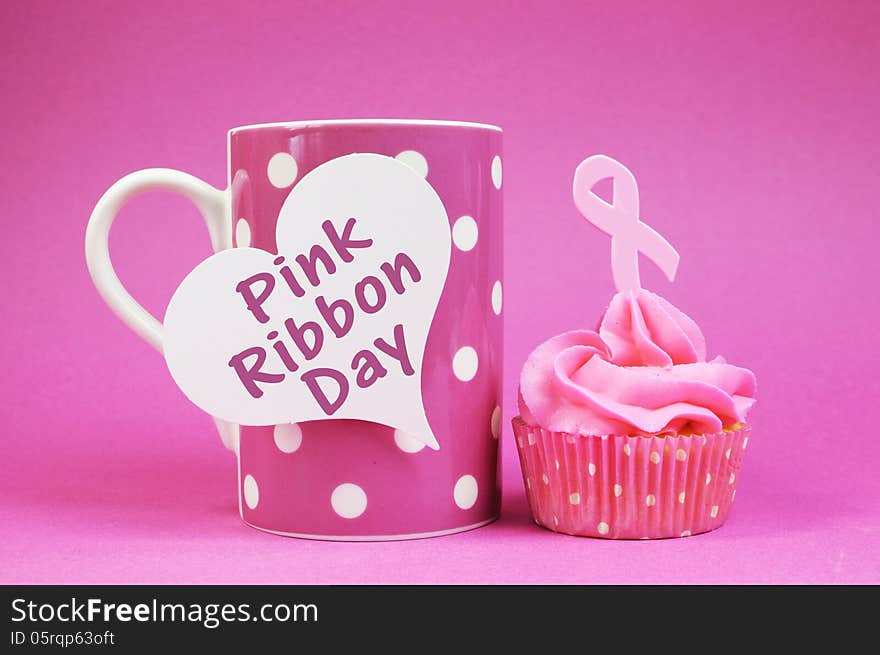 Pink Ribbon cupcake with message on coffee cup