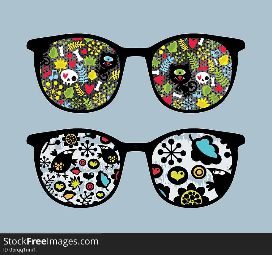 Retro sunglasses with cats and birds reflection in it. Vector illustration of accessory - isolated eyeglasses. Retro sunglasses with cats and birds reflection in it. Vector illustration of accessory - isolated eyeglasses.