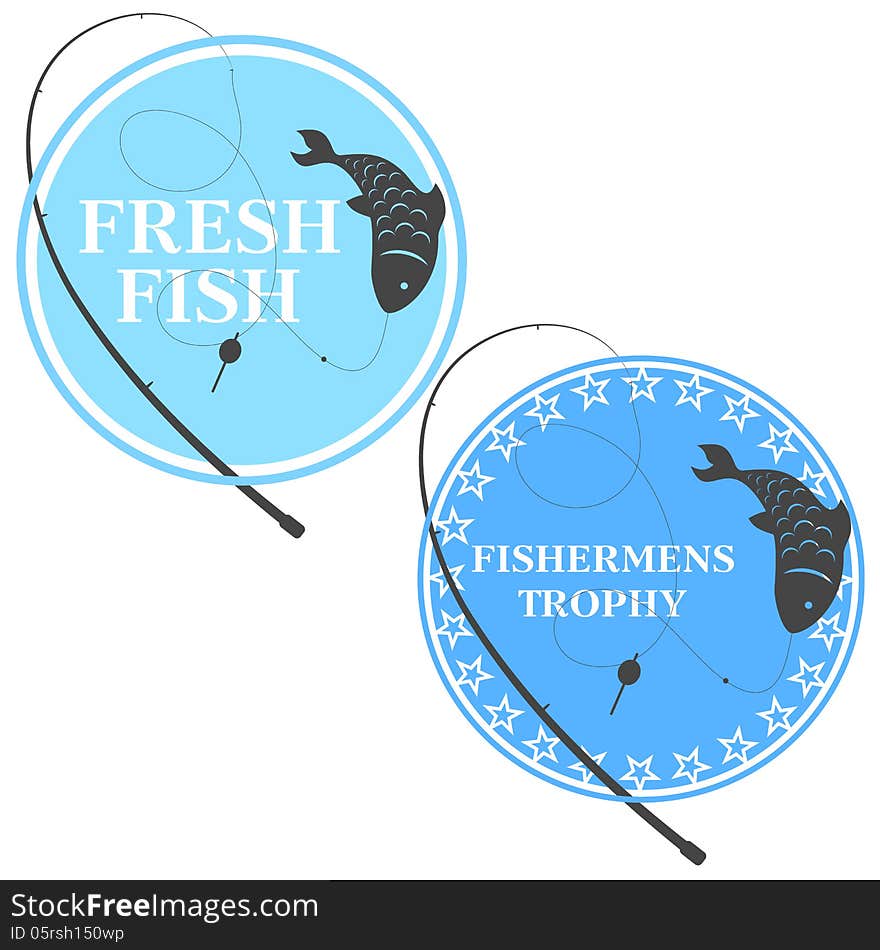 Design emblem for fishing, fishing rod and fish