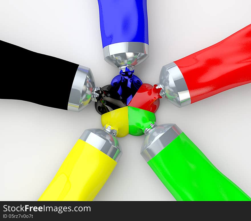 Black, green, blue, red and yellow color tube paint meet symmetrically. Black, green, blue, red and yellow color tube paint meet symmetrically