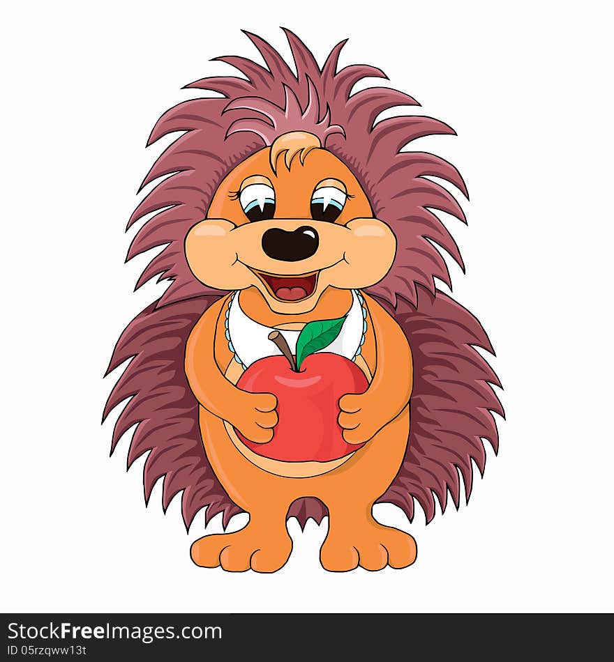 Hedgehog with apple. Cartoon character.