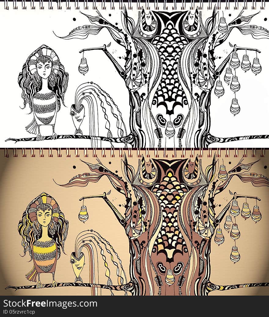 Fabulous character is sitting on a branch of a magic tree and protects the miraculous pears. 1st: ink, hand-drawing Second: is colored computer graphics. Fabulous character is sitting on a branch of a magic tree and protects the miraculous pears. 1st: ink, hand-drawing Second: is colored computer graphics