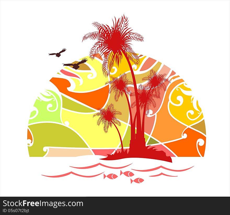 Palm trees on a background of abstract sun. Palm trees on a background of abstract sun