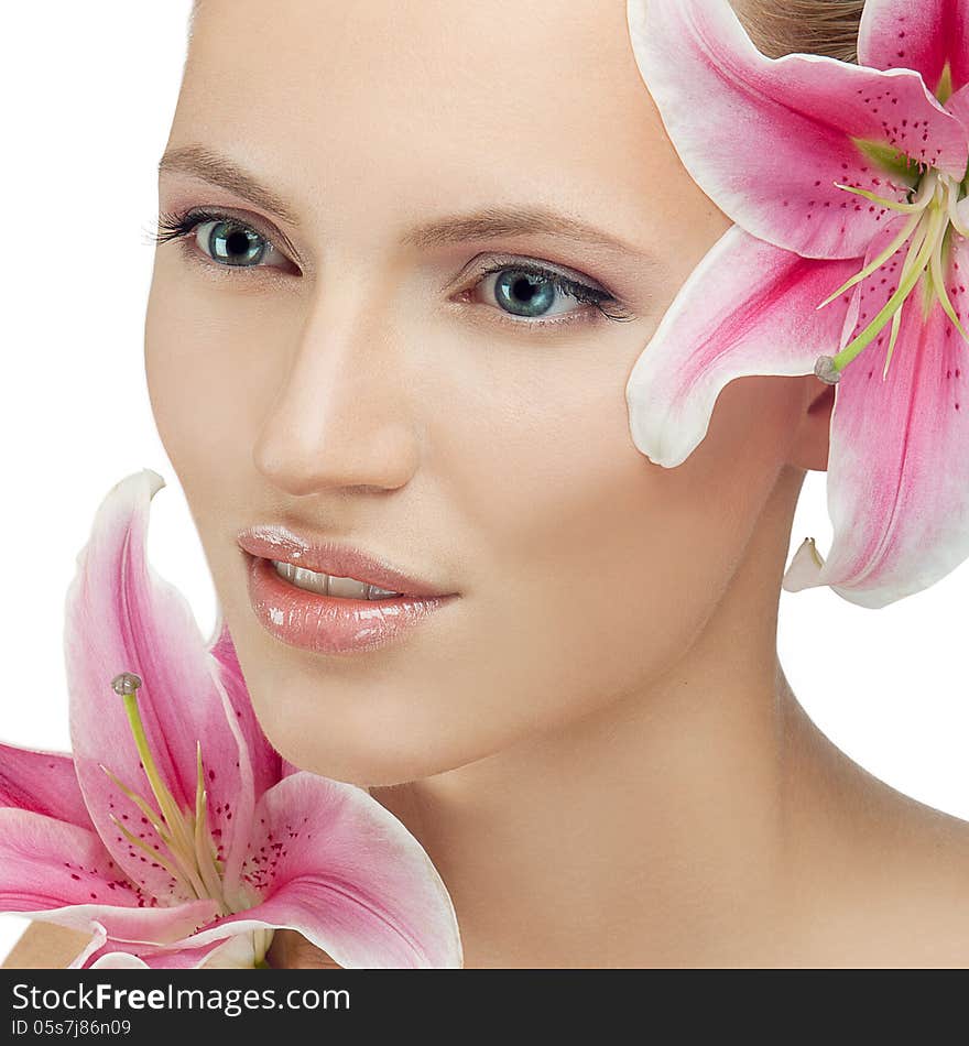 Beautiful Lady With Pink Lily. Beautiful Lady With Pink Lily