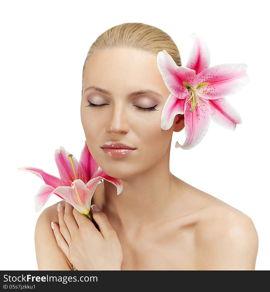 Beautiful Lady With Pink Lily. Beautiful Lady With Pink Lily