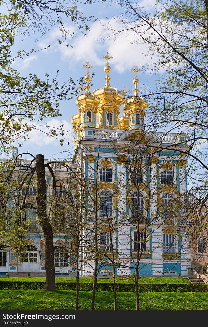 Dome of Russian Orthodox church of Catherine Palace in Petrodvorets, Russia